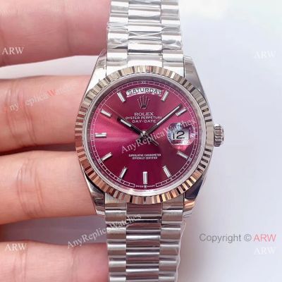 (EW)Swiss 3255 Replica Presidential Rolex Day-Date 36mm Watch Stainless Steel Cherry red Dial